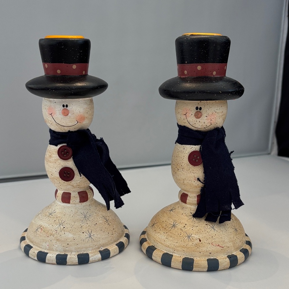 Pair of Snowman Folk Art Wooden Candle Holders